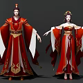 Chinese Ancient Male and Female Living Characters in Red Traditional Costumes with Golden Patterns