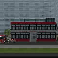 Red And White School Building Exterior With Glass Curtain Walls Staircase Green Plants And Vehicles