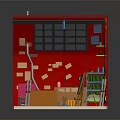 Creative Red Themed Studio Furniture Setup With Easel Worktable Shelves And Storage