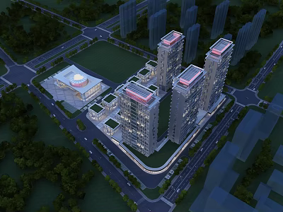 Aerial Planning View of Urban Development with Multiple High Rise Buildings and Green Areas 3d model