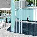 Modern Pergola in Courtyard with Stone Pathway Steps Water Feature and Green Trees