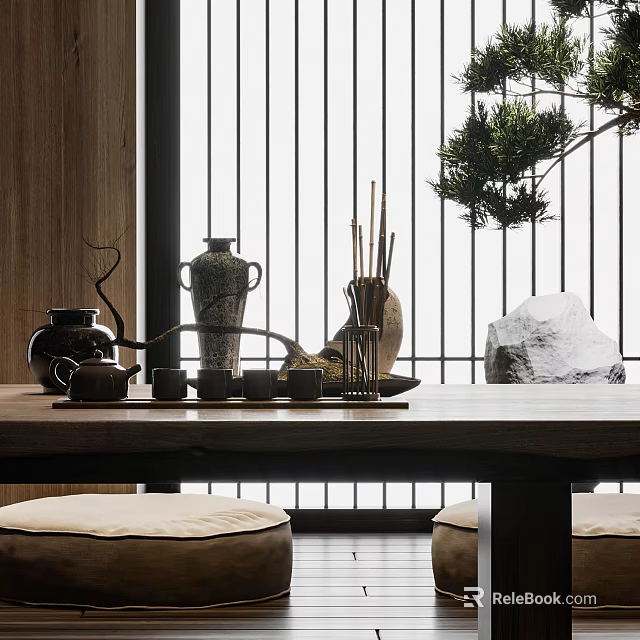 Traditional Zen Inspired Tea Set With Teapot Cups Tray On Wooden Table And Natural Decor 3d model 