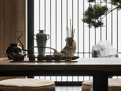 Traditional Zen Inspired Tea Set With Teapot Cups Tray On Wooden Table And Natural Decor 3d model