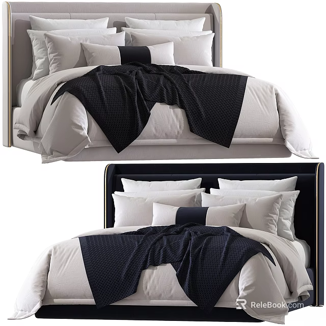Modern Double Bed With White Bedding Dark Blanket And Decorative Pillows 3d model