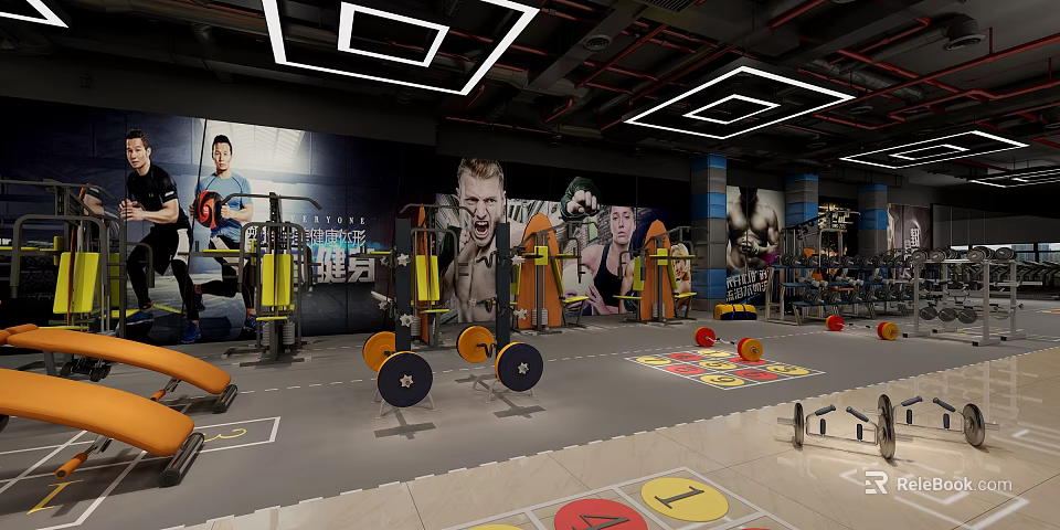 Modern Fitness Gym With Workout Equipment Weight Plates And Exercise Mats 3d model 