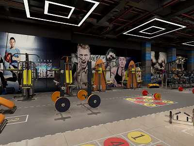 Modern Fitness Gym With Workout Equipment Weight Plates And Exercise Mats 3d model
