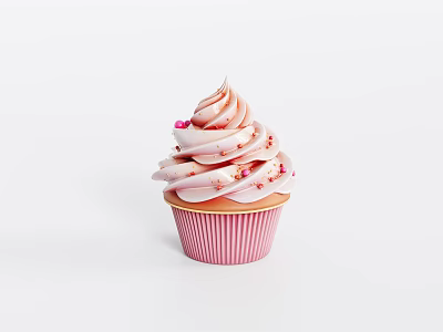 Delicious Cupcake with Swirled Pink Frosting and Colorful Sprinkles in Pink Striped Paper Cup 3d model