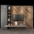 Modern Wooden TV Wall Panel With Herringbone Pattern Storage Cabinet And Decorative Items 3d model