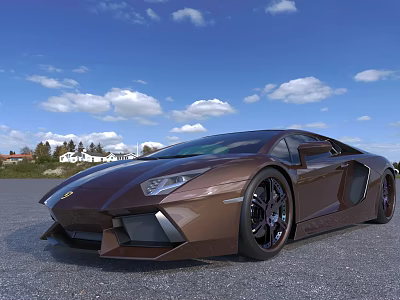 Brown Lamborghini Sports Car In Outdoor Setting With Blue Sky White Clouds And House Background 3d model