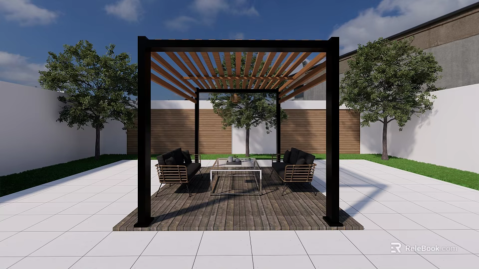 Modern Wooden Pergola Design For Outdoor Patio Seating Area With Trees And Grass 3d model 