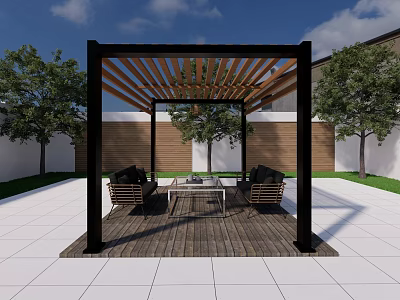 Modern Wooden Pergola Design For Outdoor Patio Seating Area With Trees And Grass 3d model