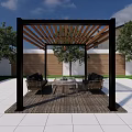 Modern Wooden Pergola Design For Outdoor Patio Seating Area With Trees And Grass