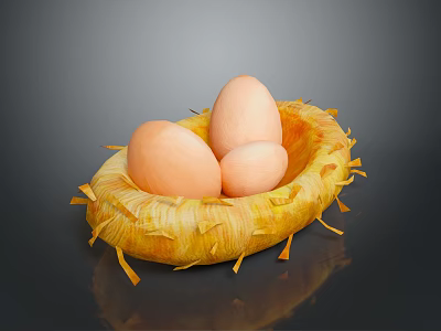 Natural Bird Nest With Three Peach Eggs In Yellow Straw Structure 3d model