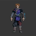 Orange Haired Fantasy Character In Patterned Purple Blue Outfit With Mechanical Arm Device
