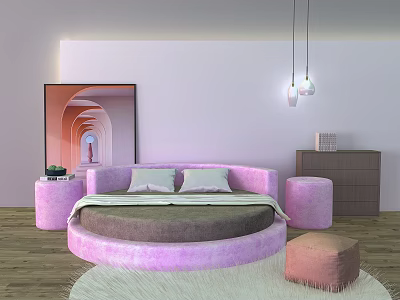 Pink Round Bed With Soft Pillows Round Stools Side Table Wall Art And Hanging Lamps 3d model