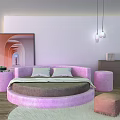 Pink Round Bed With Soft Pillows Round Stools Side Table Wall Art And Hanging Lamps