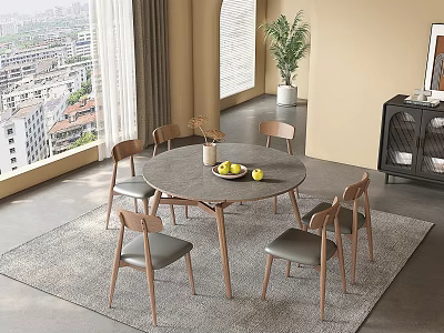 Modern Round Dining Table Set With Six Wooden Chairs Gray Cushions And Fruit Decor 3d model