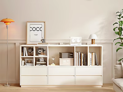 Modern White Entryway Cabinet Sideboard with Books Framed Photos Decor in Living Room Interior 3d model