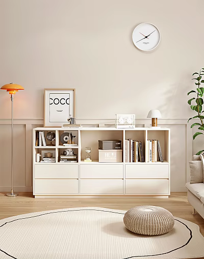 Modern White Entryway Cabinet Sideboard with Books Framed Photos Decor in Living Room Interior 3d model