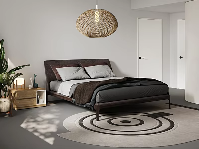 Modern Minimalist Bedroom With Woven Pendant Lamp Bedside Table And Circular Pattern Rug 3d model