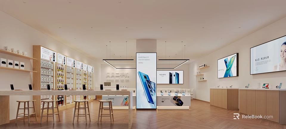 Modern Digital Store Interior Featuring Mobile Phones Display Screens Shelves Counters And Wooden Floors 3d model 