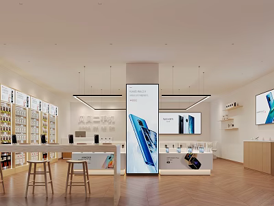Modern Digital Store Interior Featuring Mobile Phones Display Screens Shelves Counters And Wooden Floors 3d model