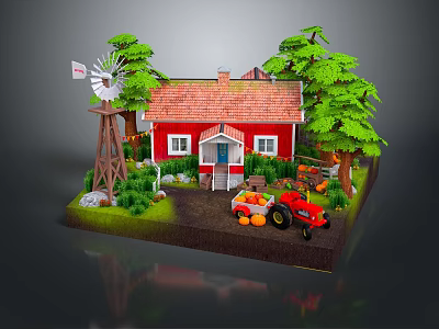 Red House With Red Roof White Windows Green Trees Windmill Tractor And Pumpkins 3d model