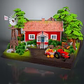 Red House With Red Roof White Windows Green Trees Windmill Tractor And Pumpkins