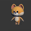 Cute Cartoon Dog Character 3D Model With Yellow White Fur Standing On Black Surface Reflection