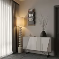 Modern Entryway Side Cabinet With White Geometric Design Floor Lamp Magazine Rack And Vase Decor