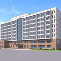 Modern Office Building Exterior With Glass Windows Brick Base Entrance And Landscaping