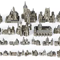 Medieval European City Architecture With Spires Towers Stone Rooftops And Arched Windows