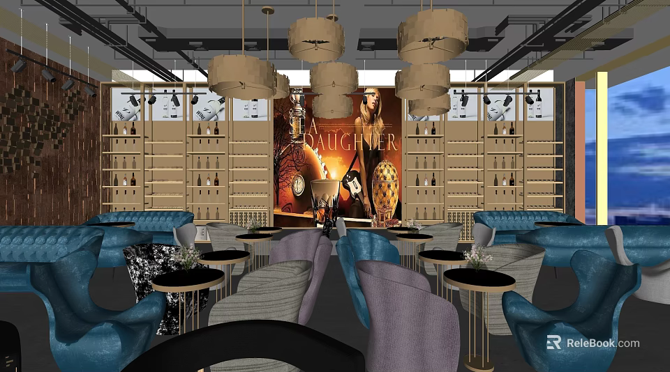 Stylish Bar Interior Design With Hanging Lamps Blue Sofas Round Tables Wine Shelves And Decorative Mural 3d model 