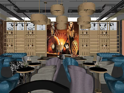 Stylish Bar Interior Design With Hanging Lamps Blue Sofas Round Tables Wine Shelves And Decorative Mural 3d model