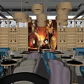 Stylish Bar Interior Design With Hanging Lamps Blue Sofas Round Tables Wine Shelves And Decorative Mural