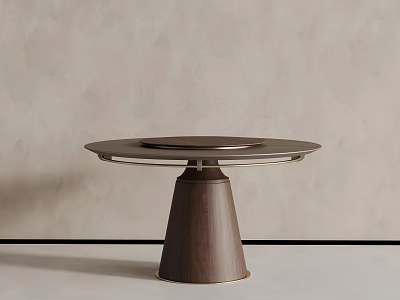 Modern Brown Round Wooden Table With Conical Base And Light Colored Wall 3d model