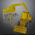 Yellow Construction Excavator Loader Vehicles With Worker Figures And Tripod