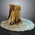 Natural Weathered Tree Stump Outdoor Scene With Gravel Base And Small Green Plants