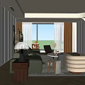 Modern Living Dining Room with Green Sofa White Chair Coffee Table and City View Window