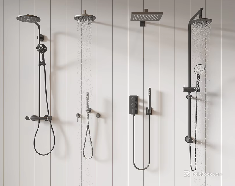 Different Modern Styles of Black Wall Mounted Shower Heads with Water Flow 3d model 