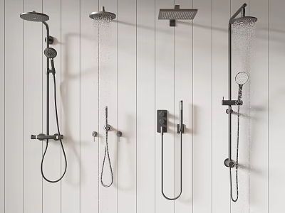 Different Modern Styles of Black Wall Mounted Shower Heads with Water Flow 3d model