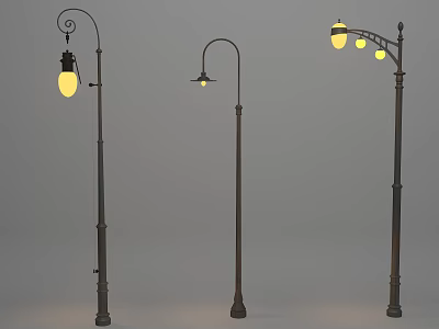 Three Classic Outdoor Street Lights with Curved Arms Illuminated Warm Yellow Light and Metal Poles 3d model