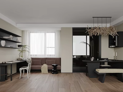 Modern Restaurant Home Dining Room Study Black and White Single Chair Desk and Chair Decorative Cabinet Combination Dining Table and Chair Bench Chandelier 3d model