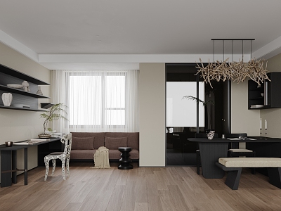 Modern Restaurant Home Dining Room Study Black and White Single Chair Desk and Chair Decorative Cabinet Combination Dining Table and Chair Bench Chandelier 3d model