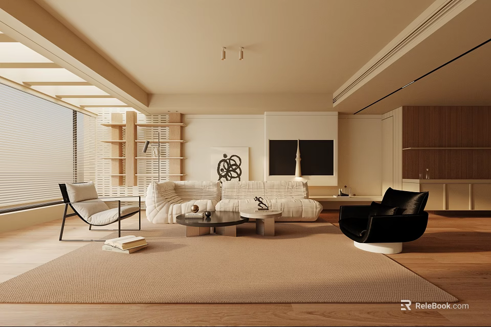 Modern Living Room Interior Design With Beige Sofa Black Chair Coffee Table And Wooden Bookshelf 3d model 