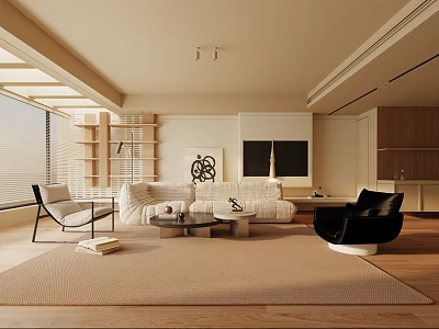 Modern Living Room Interior Design With Beige Sofa Black Chair Coffee Table And Wooden Bookshelf 3d model