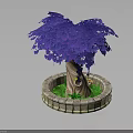 Purple Leaf Tree With Textured Trunk In Circular Stone Planter And Green Grass 3d model