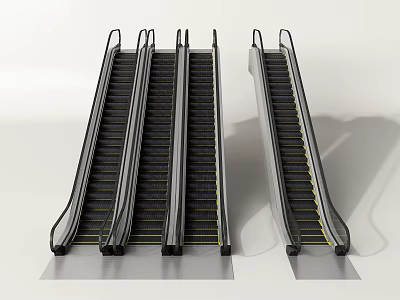 Modern Escalators With Multiple Units Metal Frames Black Steps And Yellow Edges 3d model