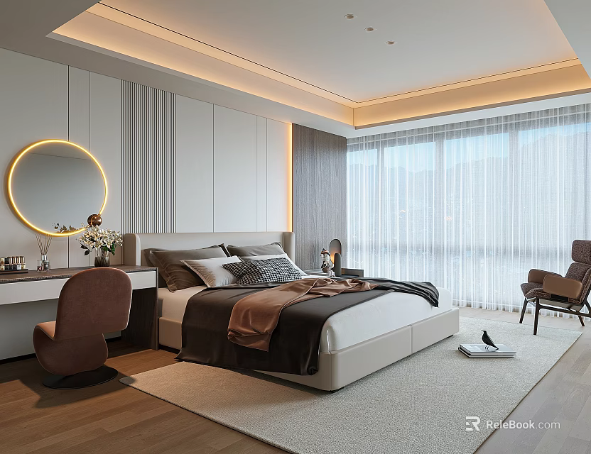 Modern Bedroom Interior With Large Bed Round Mirror Dressing Table And Wooden Floor 3d model 