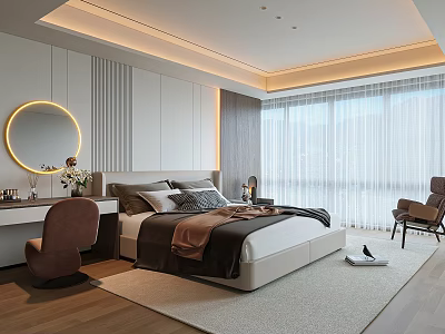 Modern Bedroom Interior With Large Bed Round Mirror Dressing Table And Wooden Floor 3d model